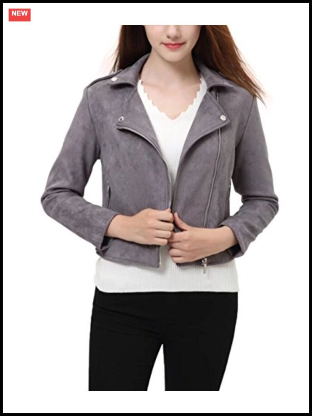 Faux Suede Leather Moto Biker Jacket Zip-Up Women's Casual Coat